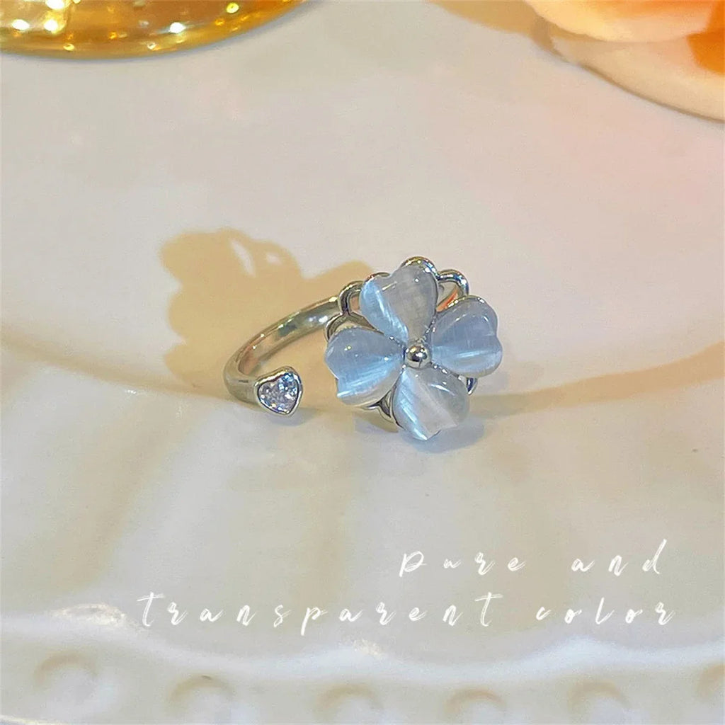 Purple Four Leaf Zircon Flower Adjustable Ring for Women Fashion Ring Qme