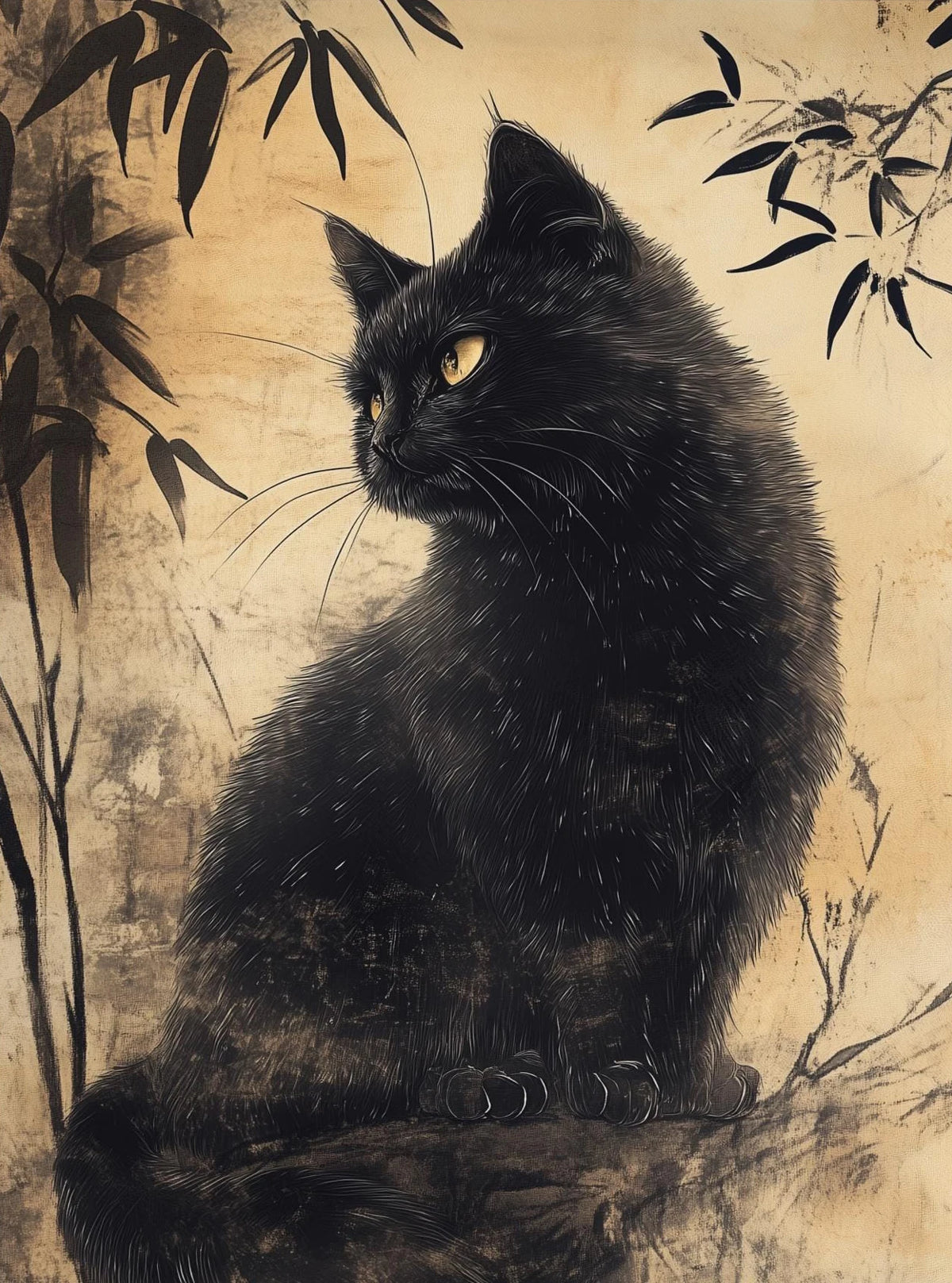 Japanese Black Cat Moon Canvas Wall Art – Retro Cartoon Poster