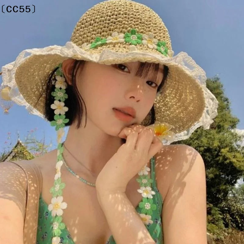 Korean Floral Bow Straw Hat – Women's Wide Brim Beach Sun Hat Straw Sun Hat Qst
