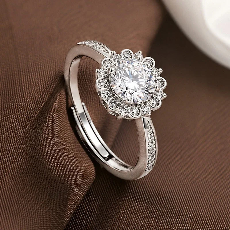Sunflower Halo CZ Engagement Ring – Adjustable Open Band CZ Fashion Ring Qme