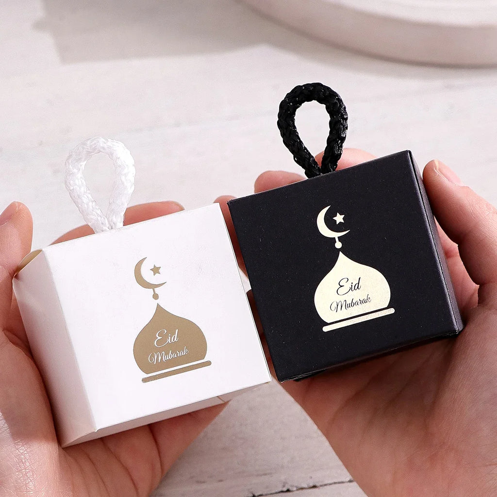 5 Mini Eid Al-Adha Gift Boxes Gold Design Twist Handles Festive Gift Boxes Qme