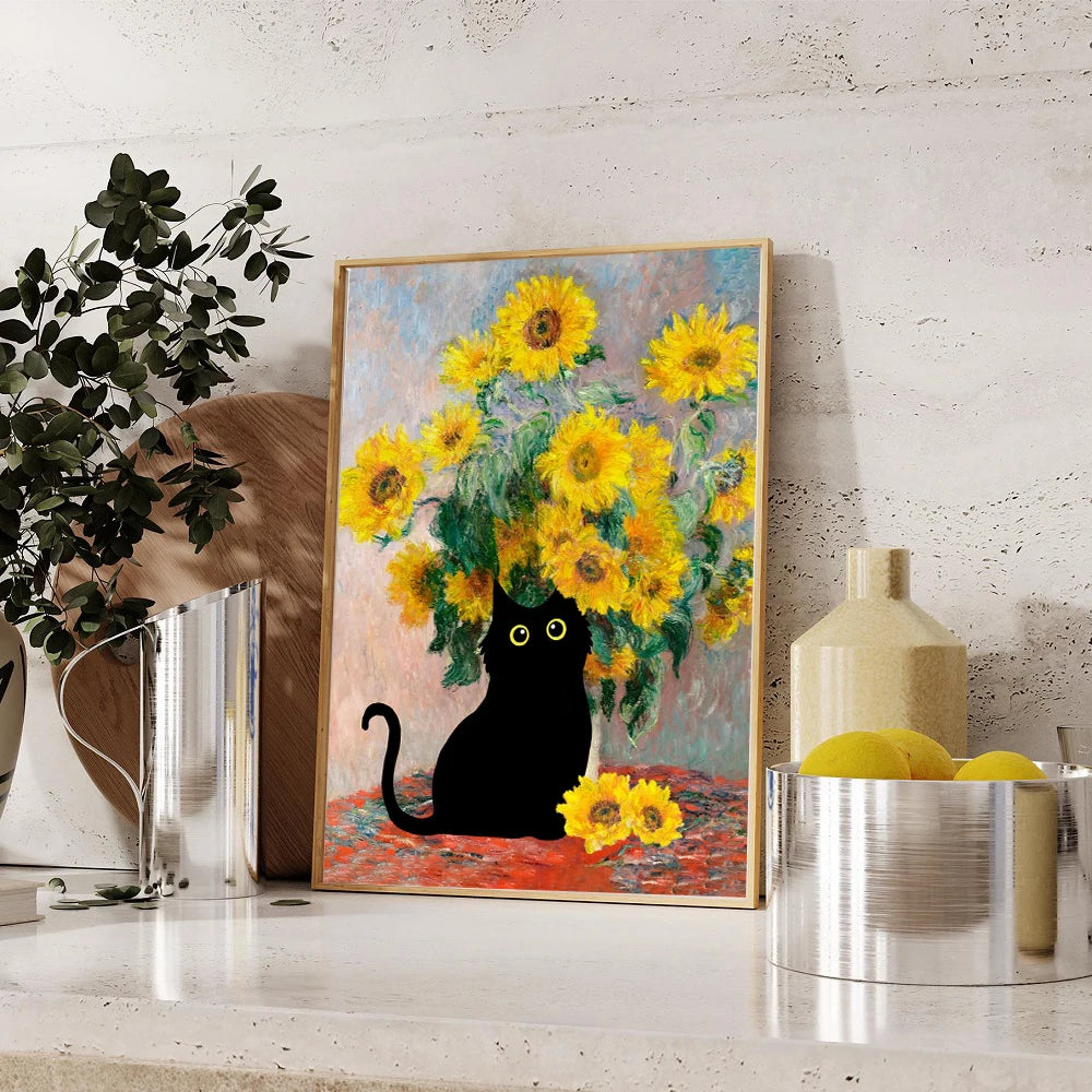 Funny Black Cat Van Gogh Canvas Wall Art – Aesthetic Decor Canvas Wall Art Qst