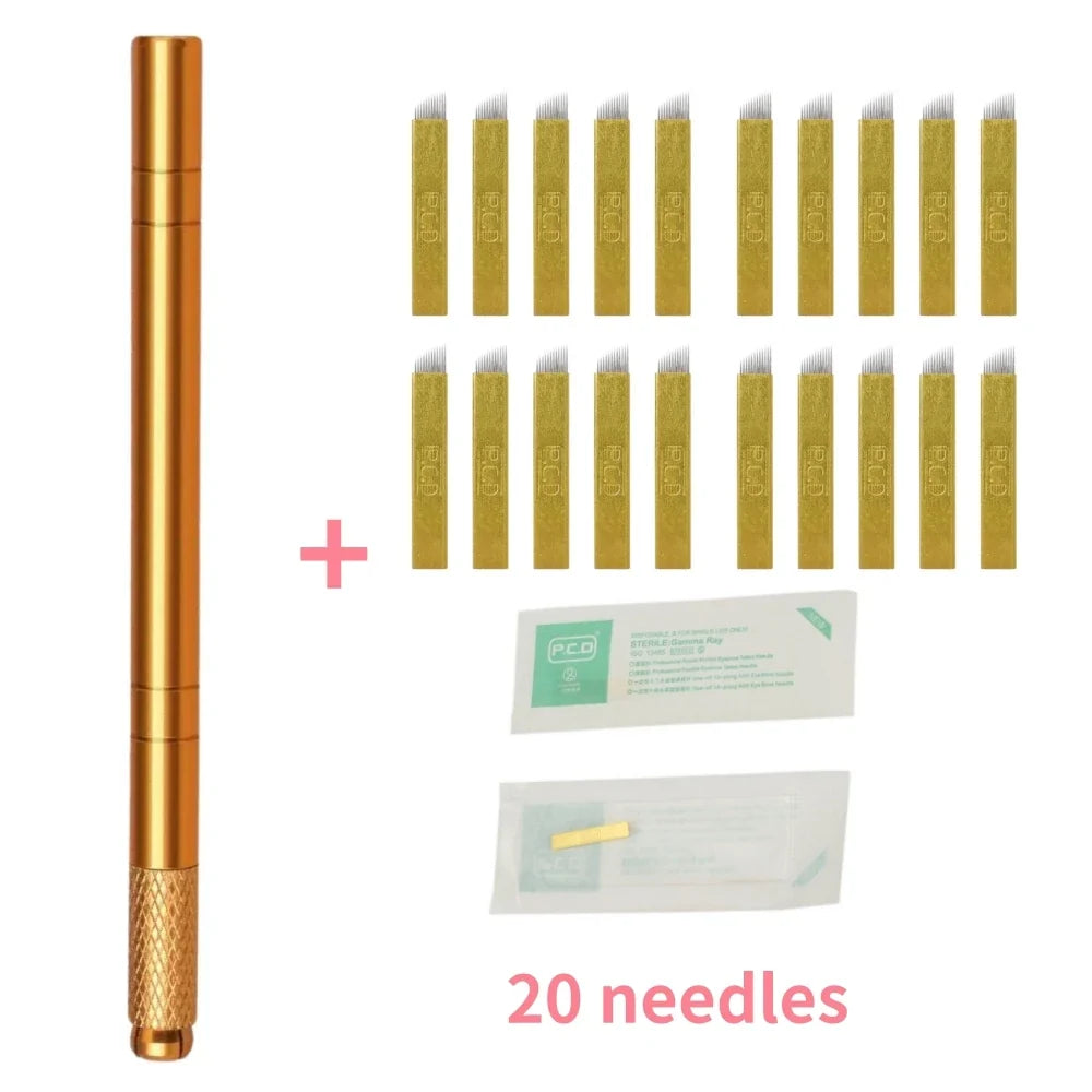 Golden Tebori 3D Microblading Pen & Needles – Permanent Makeup Microblading Pen Qme Golden 20 Needles