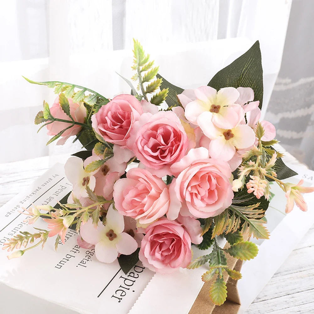 Autumn Artificial Silk Rose Peony Hydrangea Bouquet | Home Decor Artificial Flower Bouquet Qme Pink