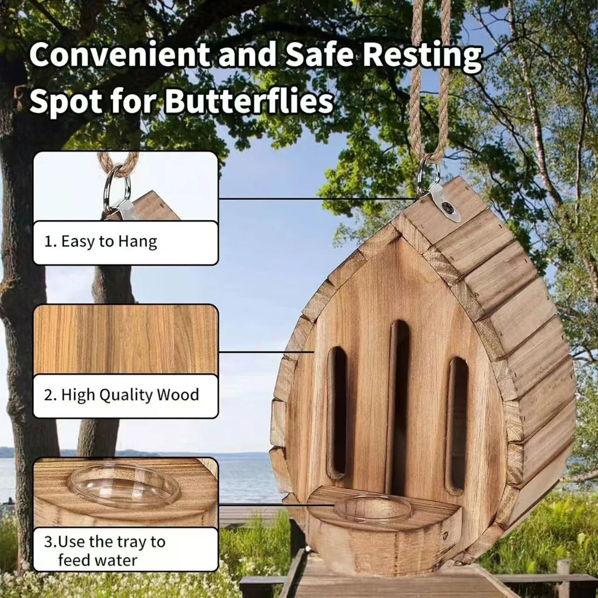 Wooden Butterfly House & Feeder 2-in-1 | Hangable Garden Habitat Butterfly House Feeder Qme