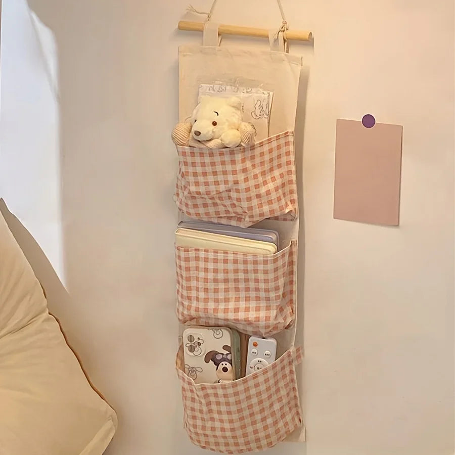 Pink Canvas Wall-Mounted Storage Rack – Bedroom Organizer Wall Storage Rack Qme