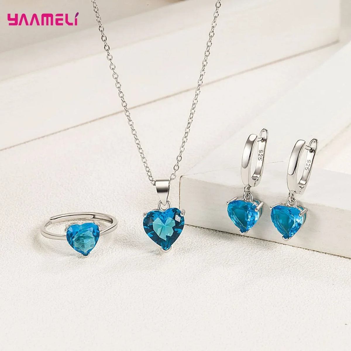 925 Sterling Silver Heart Jewelry Set – Necklace, Earrings & Ring Silver Jewelry Set Qme
