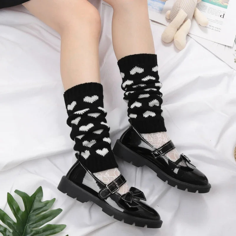 Y2K Lolita Heart Knit Leg Warmers – Women's Knee Warmers Knit Leg Warmers Qme black Length-33cm