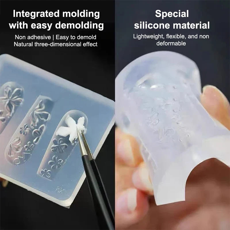 3D Silicone Nail Mold – Lily & Hibiscus Flower Carving Design Nail Art Mold Qme