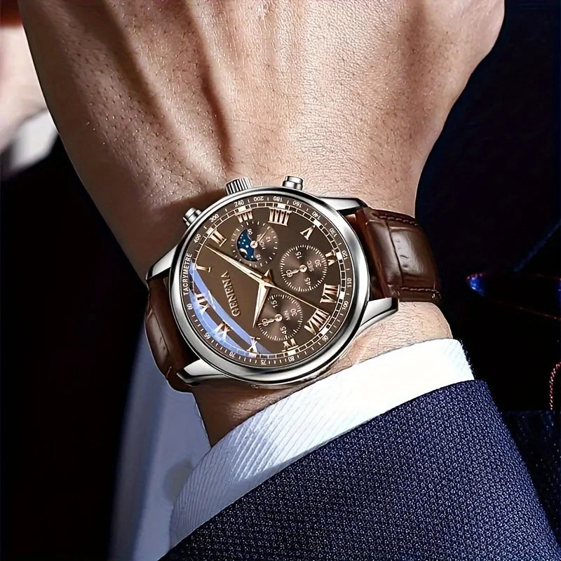 Geneva Men's Quartz Watch – Leather Strap, Large Dial, Bronze Men's Quartz Watch Qme
