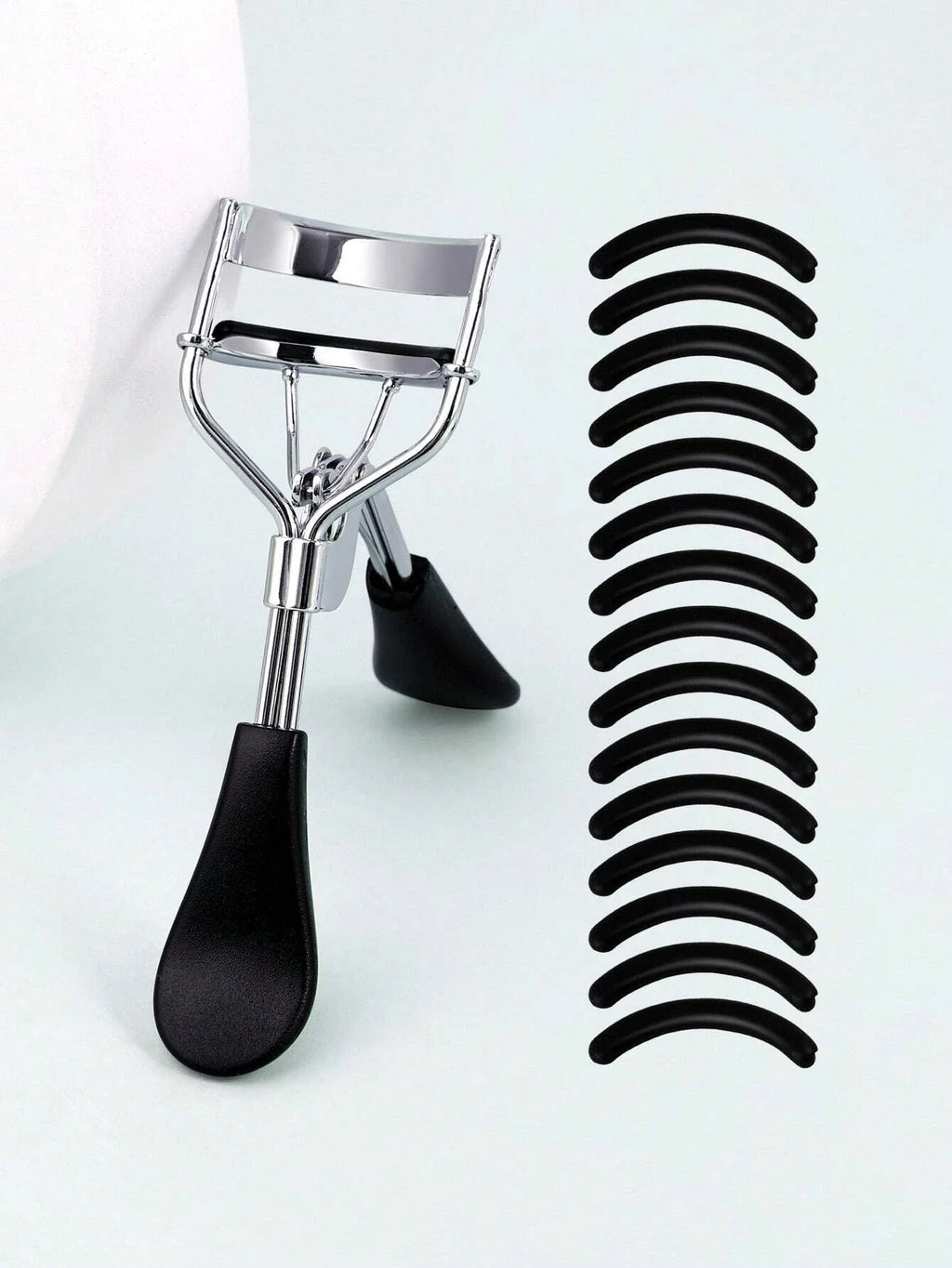 Eyelash Curler with 15 Silicone Pads – Portable Stainless Steel Eyelash Curler Qme 1PC-Black Silver
