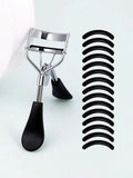 Eyelash Curler with 15 Silicone Pads – Portable Stainless Steel Eyelash Curler Qme 1PC-Black Silver
