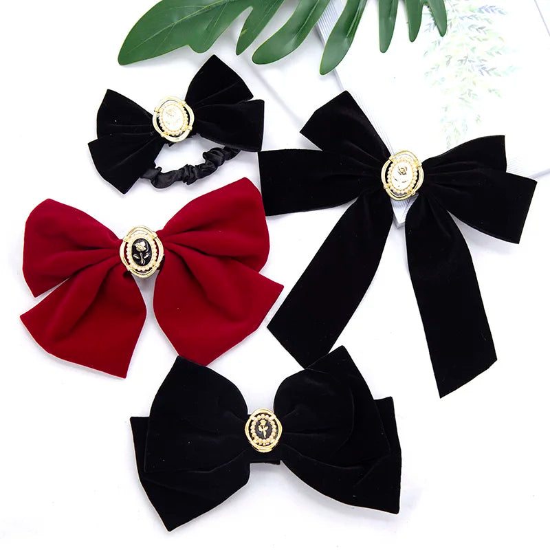 Black Velvet Bow Hairpin with Fabric Roses | Girls & Women Velvet Bow Hair Clip Qme