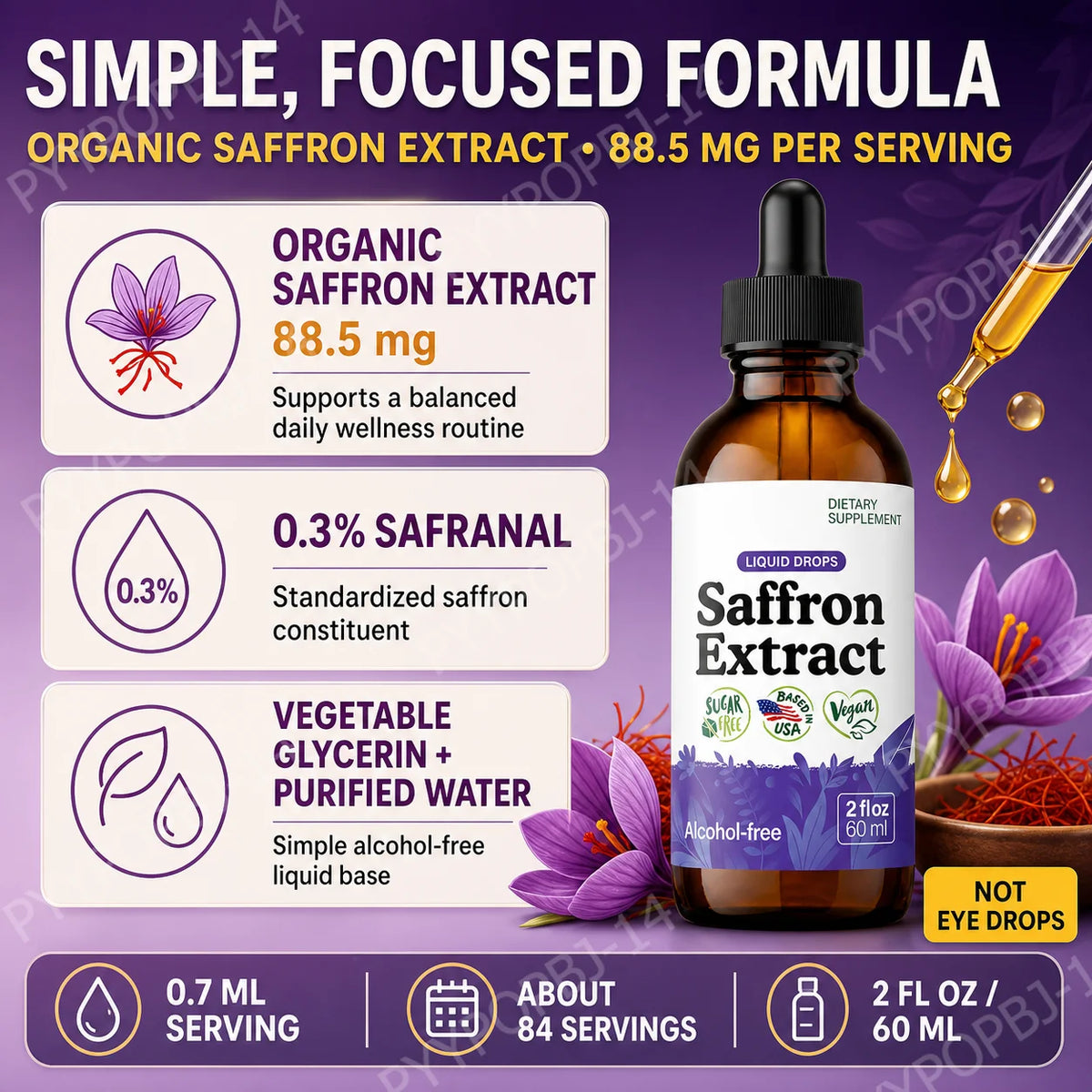 Organic Saffron Liquid Extract Drops – Vegan, Alcohol Free 60ml Herbal Liquid Supplement Qst