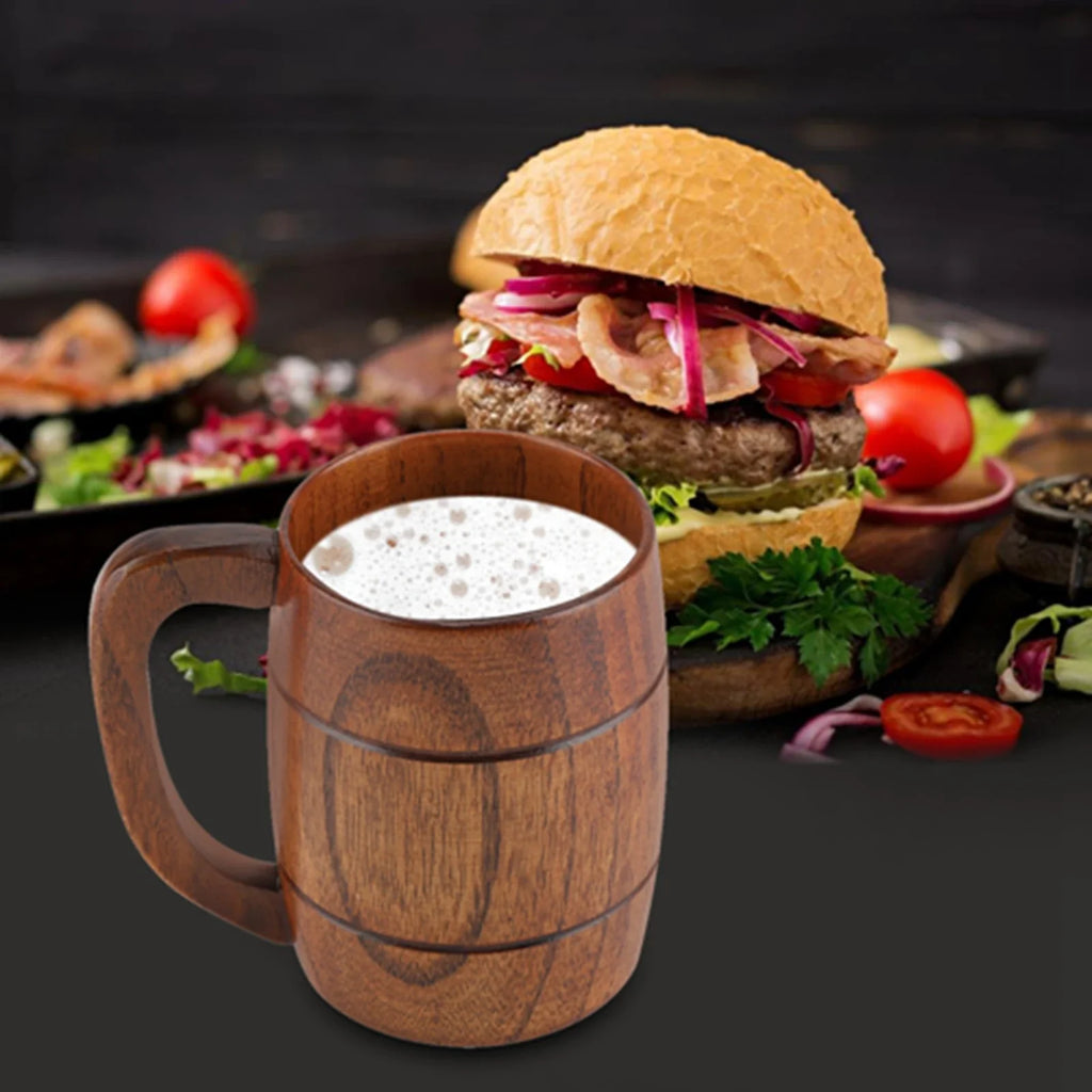 Natural Wooden Beer Mug with Handle – Retro 300ml Wood Cup Wooden Drinking Mug Qme