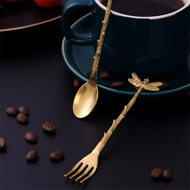 Vintage Forest Dragonfly Stainless Steel Coffee Spoon Set 6pc Decorative Spoon Set Qme