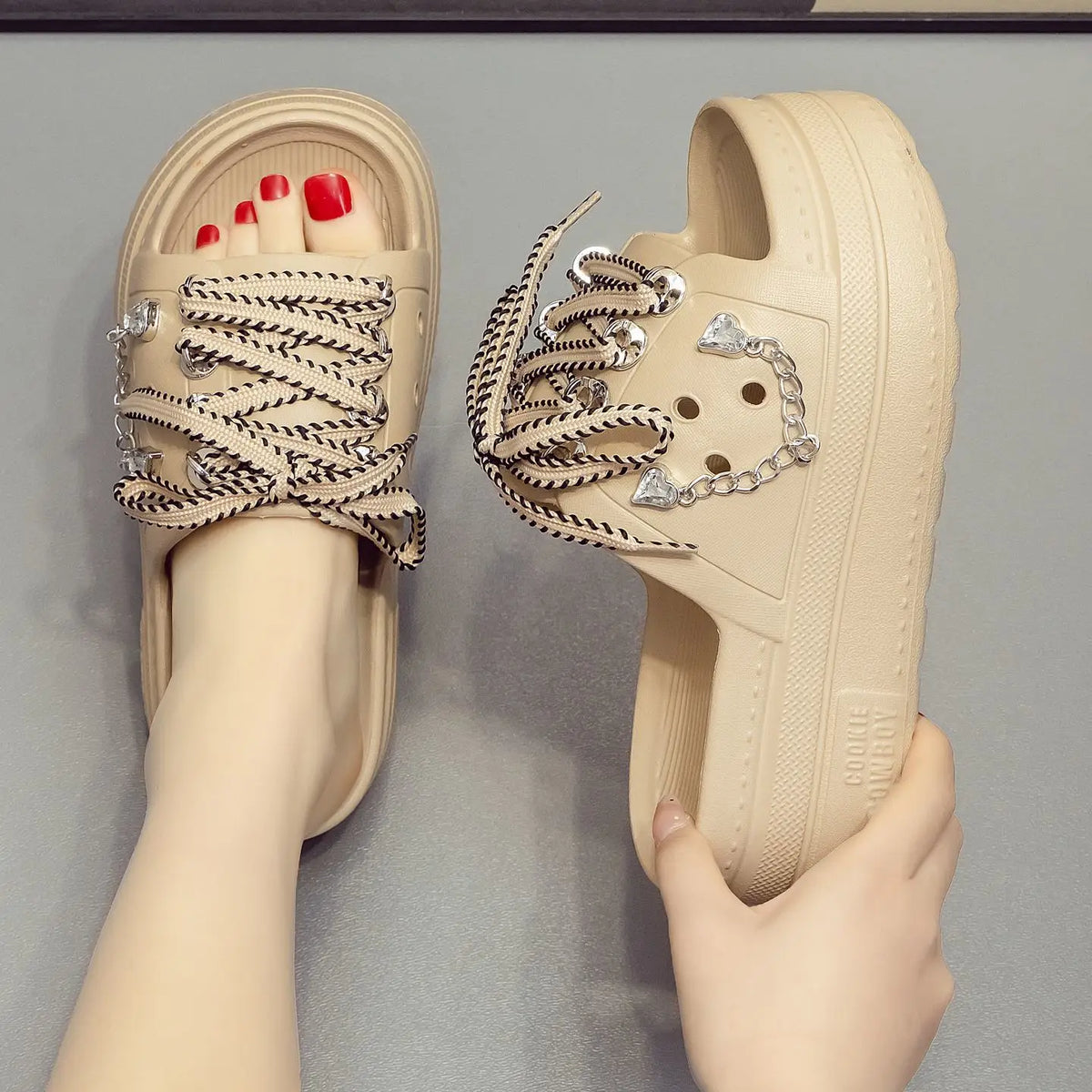 Women's Platform Slides – Lace-Up Metal Chain Summer Slippers Platform Slides Qst Khaki 35-36