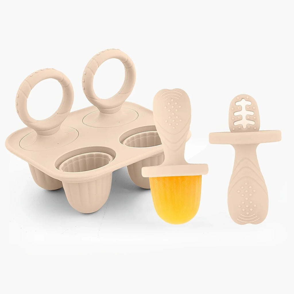 4-Piece Cube Silicone Popsicle Mold – Ice Cream Bar Set Silicone Popsicle Mold Qme Beige