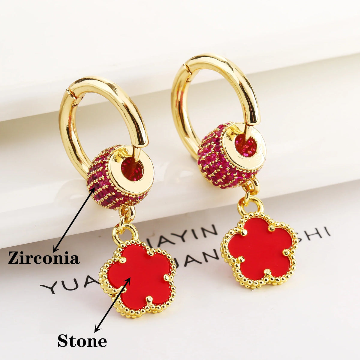 Gold-Plated Five-Leaf Flower Zircon Dangle Drop Earrings Dangle Drop Earrings Qme