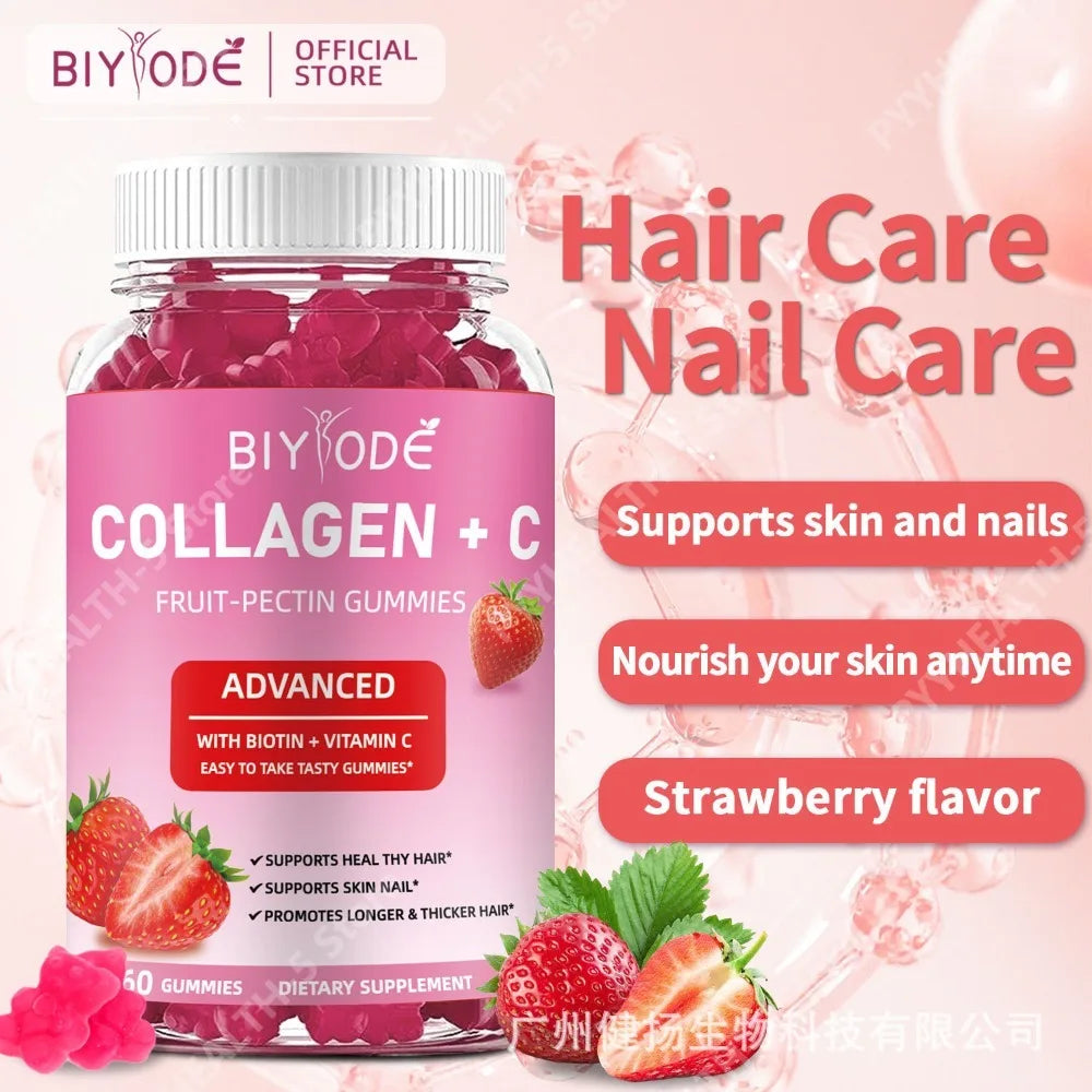 BIYODE Collagen + C Gummies with Vitamin C – 60ct | Hair Skin Nails Collagen Gummies Qst