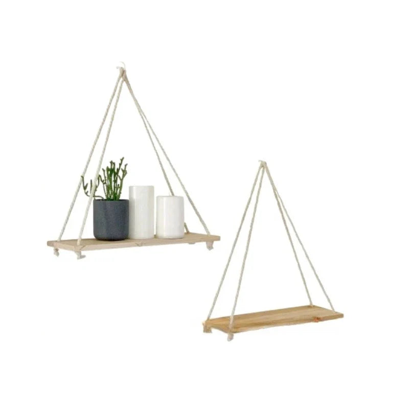 Boho Floating Wood Wall Shelves for Plants & Décor – Set of 2 Wall Hanging Shelf Qme