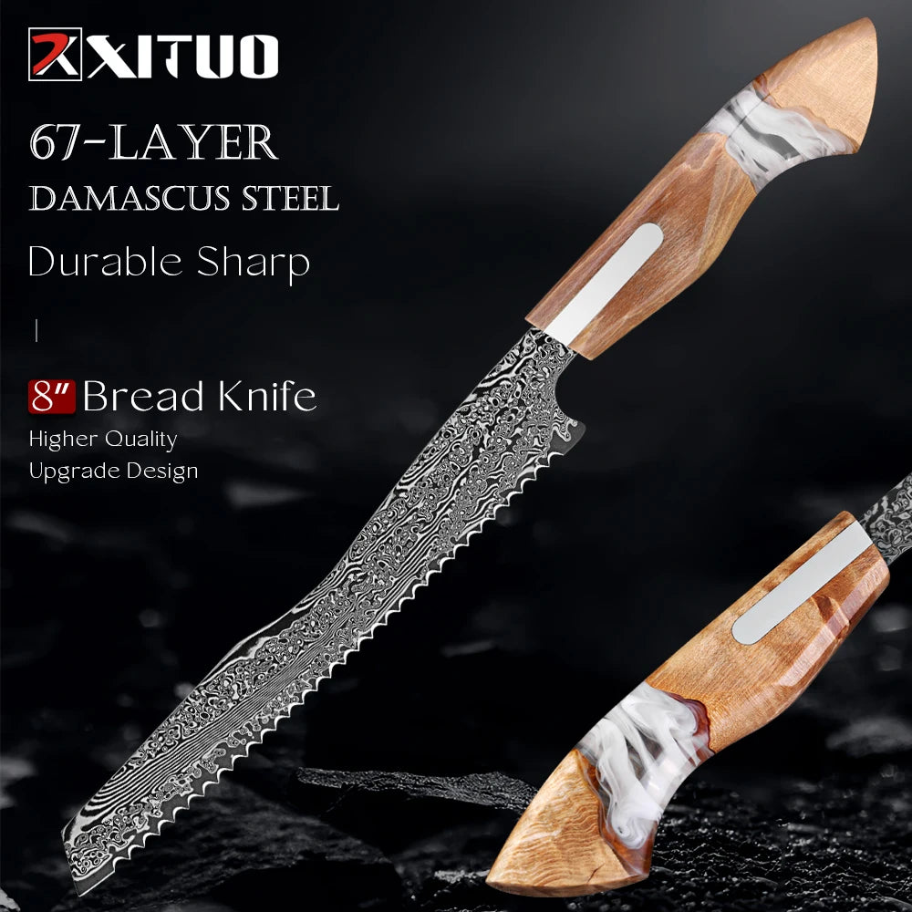 XITUO 8" Damascus Serrated Bread Knife – 67-Layer Japanese Steel Serrated Bread Knife Qst Bread Knife