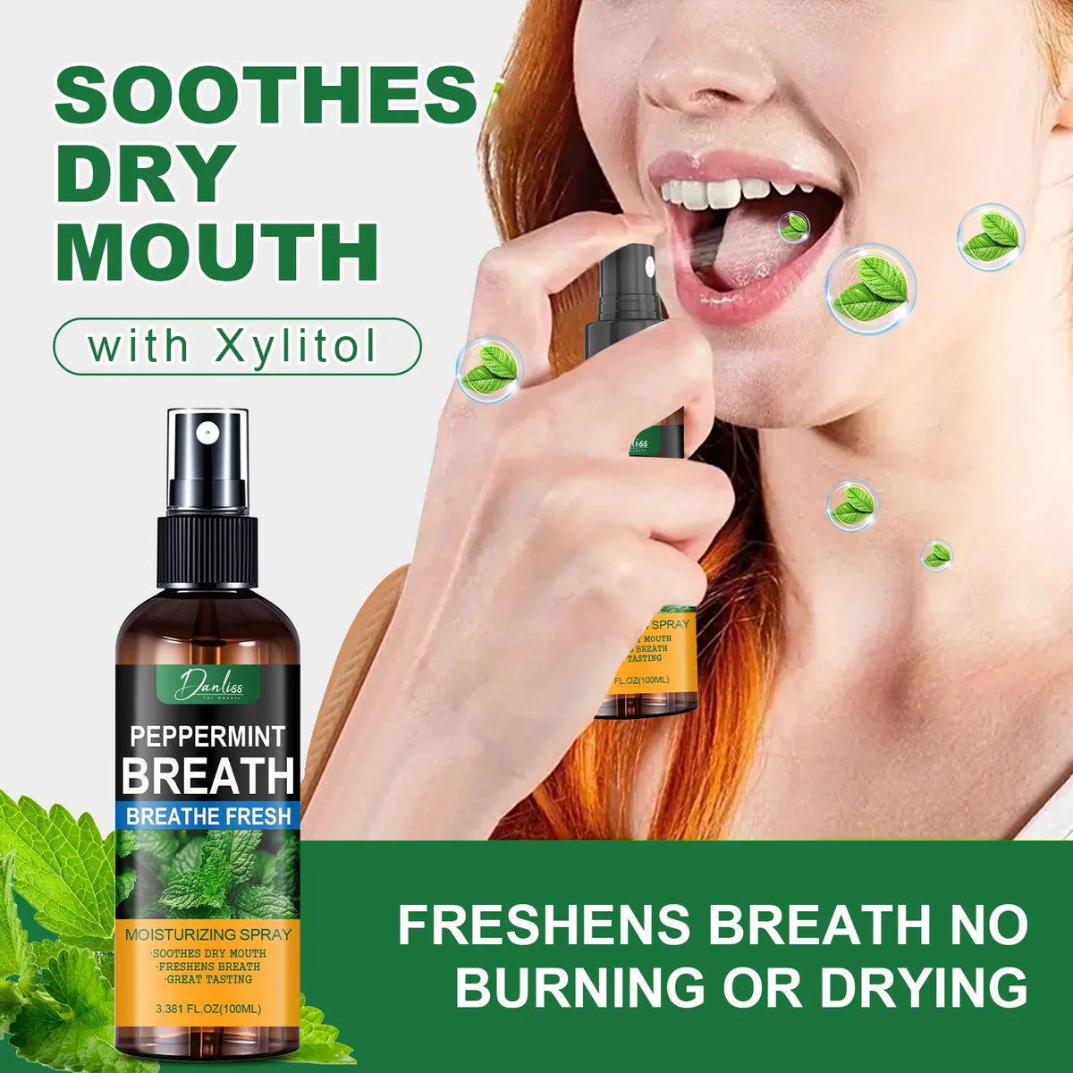 Peppermint Breath Spray – Xylitol & Glycerin Mouth Moisturizer Breath Freshener Spray Qst