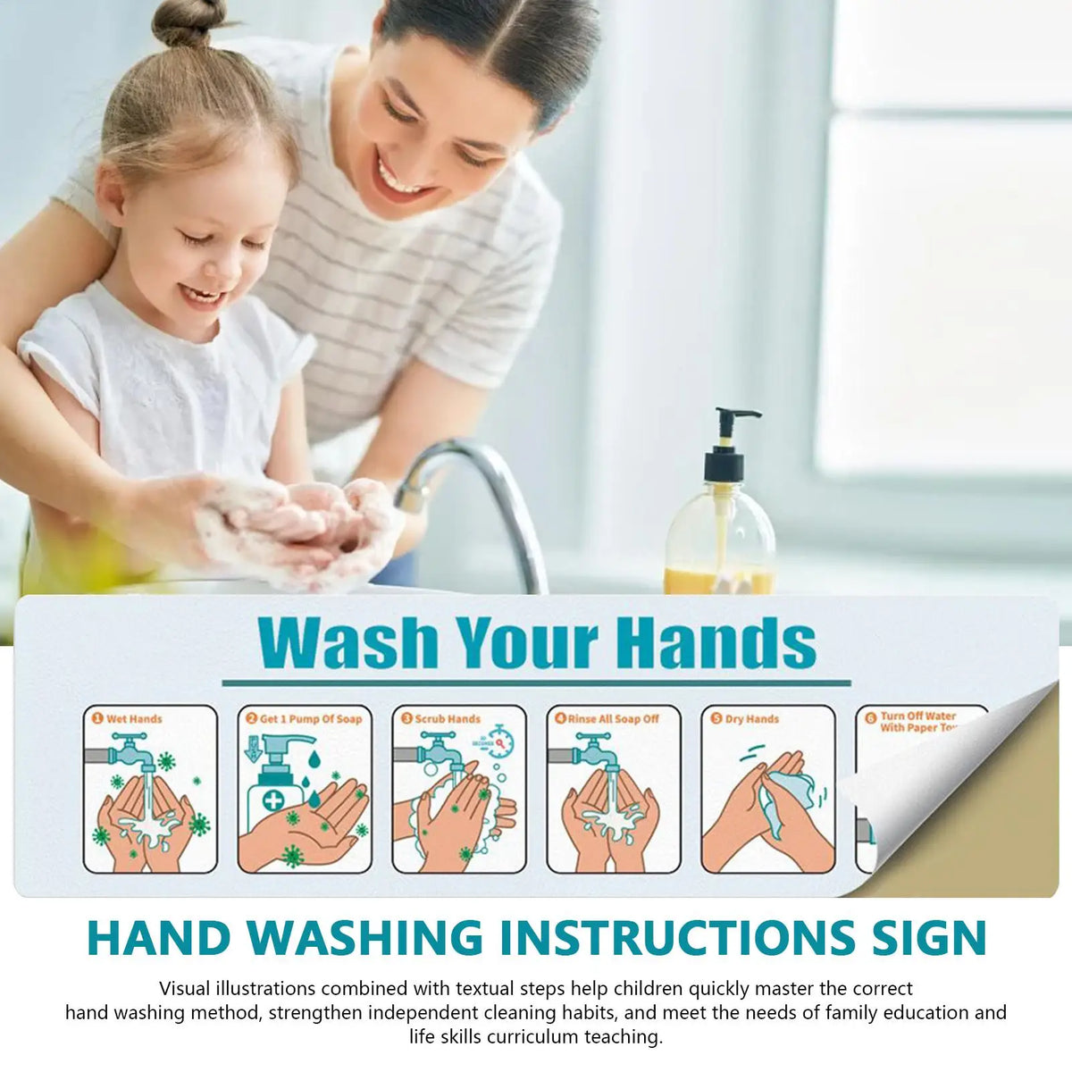 Hand Wash Instruction Sign – Matte Adhesive Handwashing Guide Hygiene Instruction Sign Qme