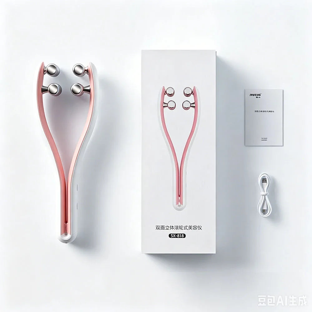 Microcurrent RF EMS Face Roller – V-Shape Lifting Massager Facial Massager Roller Qst Pink USB Type-C