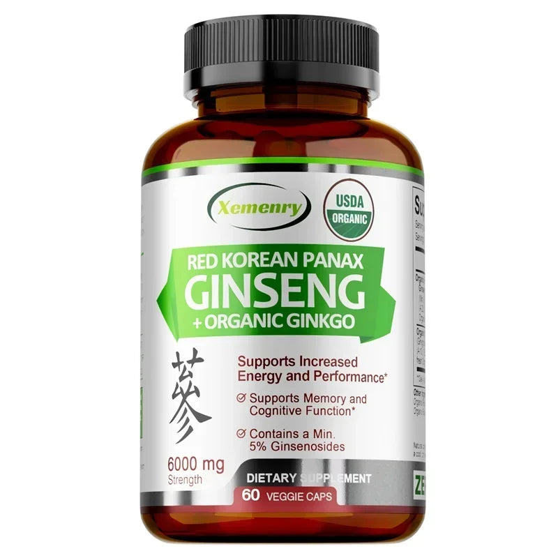 Korean Red Panax Ginseng & Ginkgo Biloba Capsules | Xemenry Herbal Supplement Qst 60 Capsules