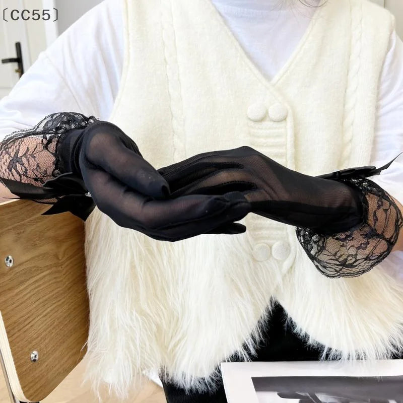 Sheer Mesh Lace Gloves with Ribbon Bow | Lolita Tulle Lace Fashion Gloves Qst