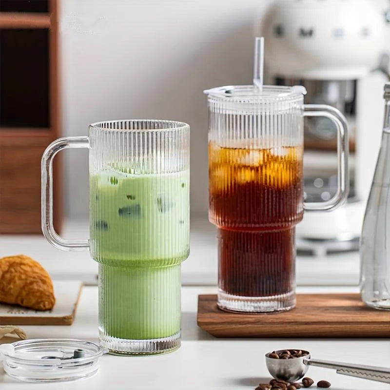 Striped Glass Cup with Handle, Lid & Straw – 600ml Glass Tumbler Set Qme