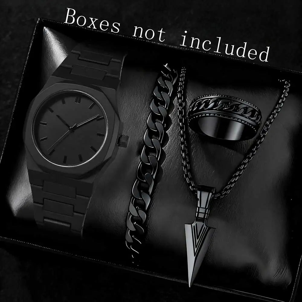 Men's Matte Octagonal Watch & Cuban Bracelet 4-Piece Set Watch & Bracelet Set Qme Black B
