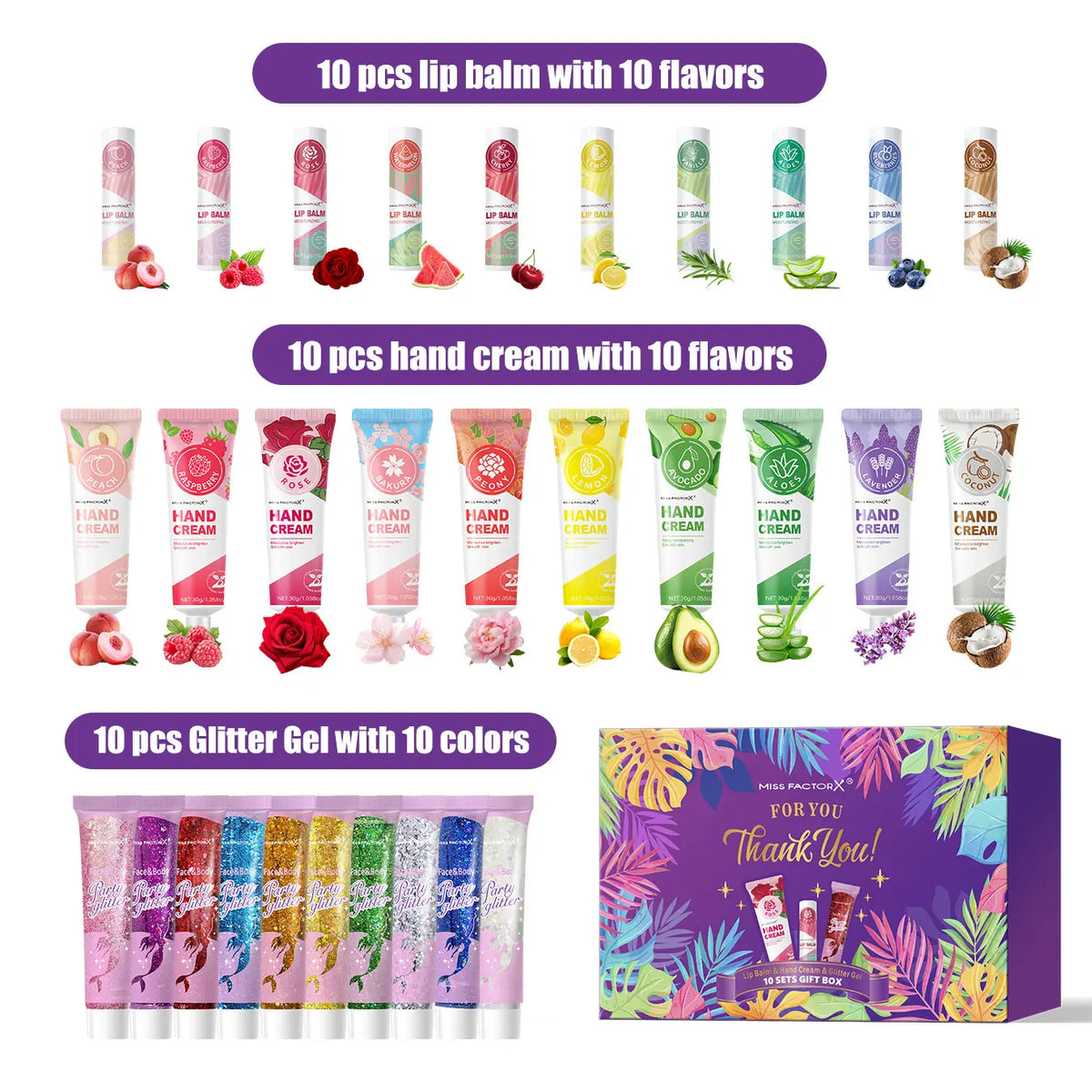 Women's 10-Set Gift Box: Hand Cream, Lipstick & Glitter Bag Beauty Gift Set Qme Gift Set