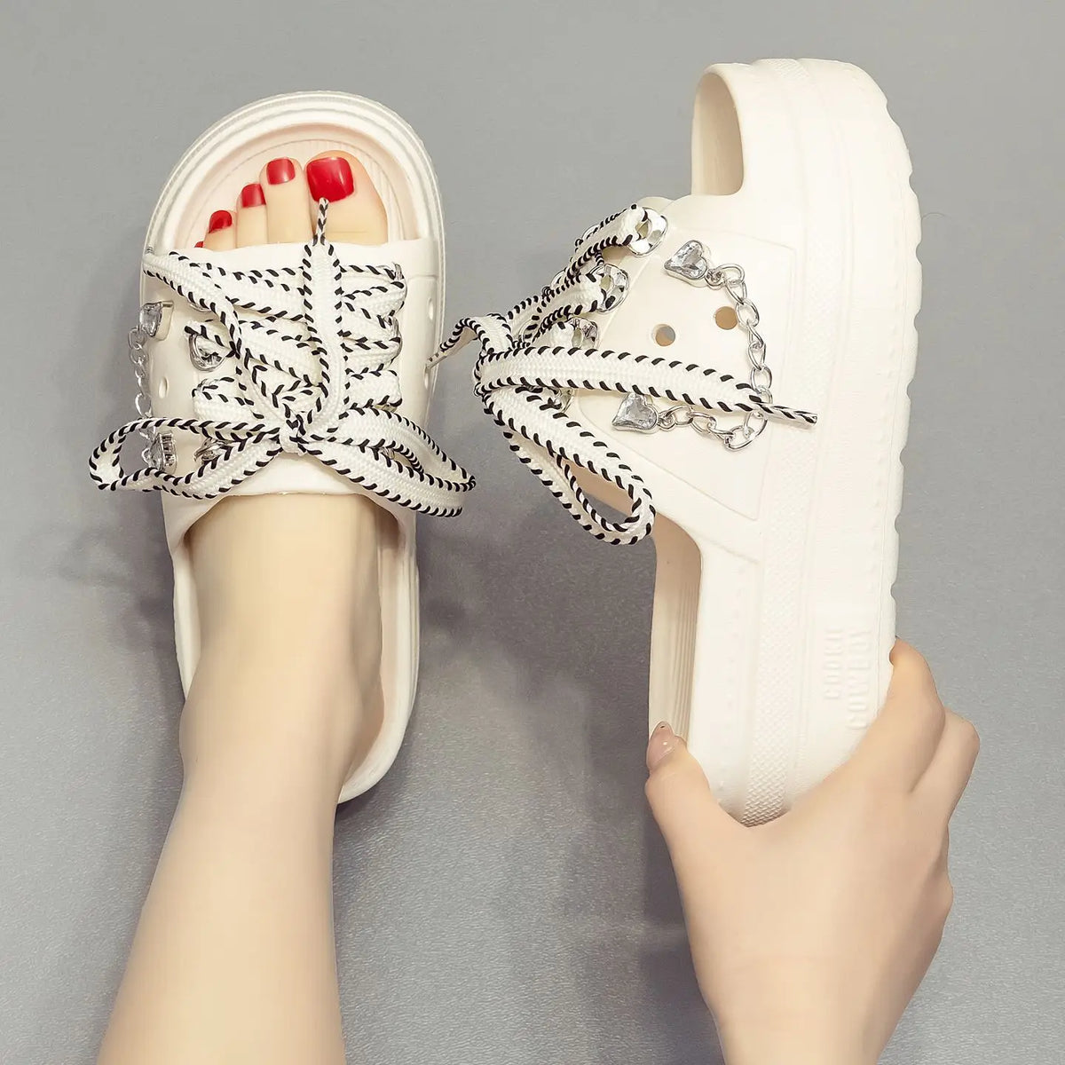Women's Platform Slides – Lace-Up Metal Chain Summer Slippers Platform Slides Qst White 39-40