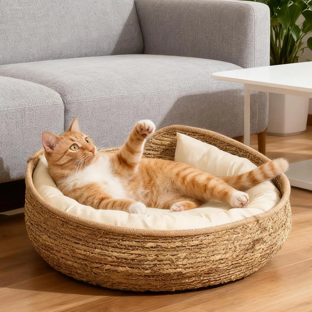 Woven Cotton Rope Round Cat Bed – All Season Pet Sleep Pillow Cat Bed Qme