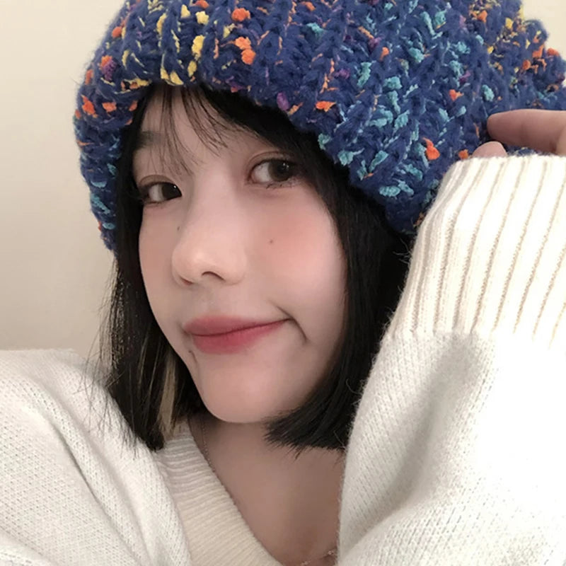 Women's Warm Knit Pile Hat – Winter Outdoor Beanie Knit Winter Hat Qst Blue