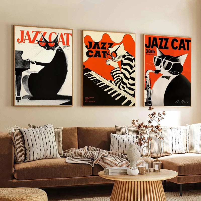 Vintage Jazz Black Cat Canvas Wall Art – Retro Music Poster Canvas Wall Art Qst