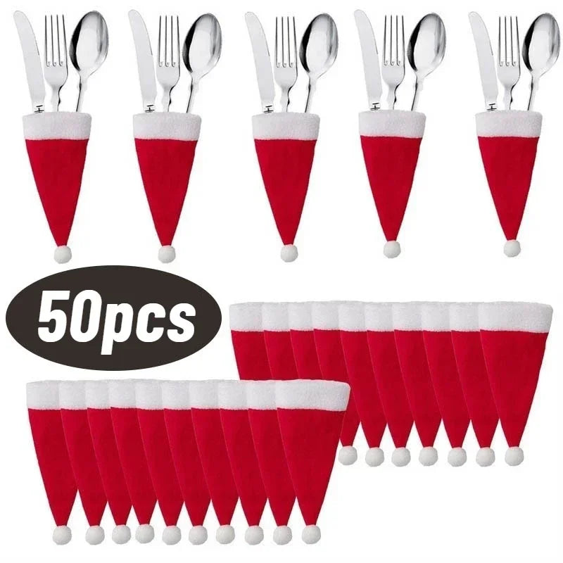 Christmas Cutlery Bag Holder Mini Santa Hat Fork & Knife Holiday Table Accessory Qme 5pcs