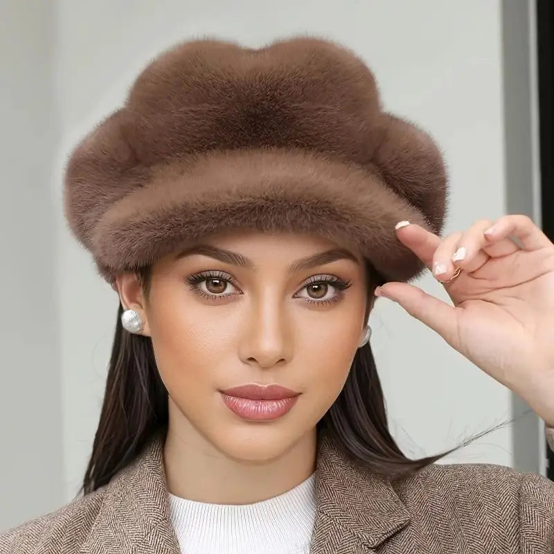 Women's Faux Mink Beret – Warm Solid Color Peaked Cap Women's Beret Hat Qst
