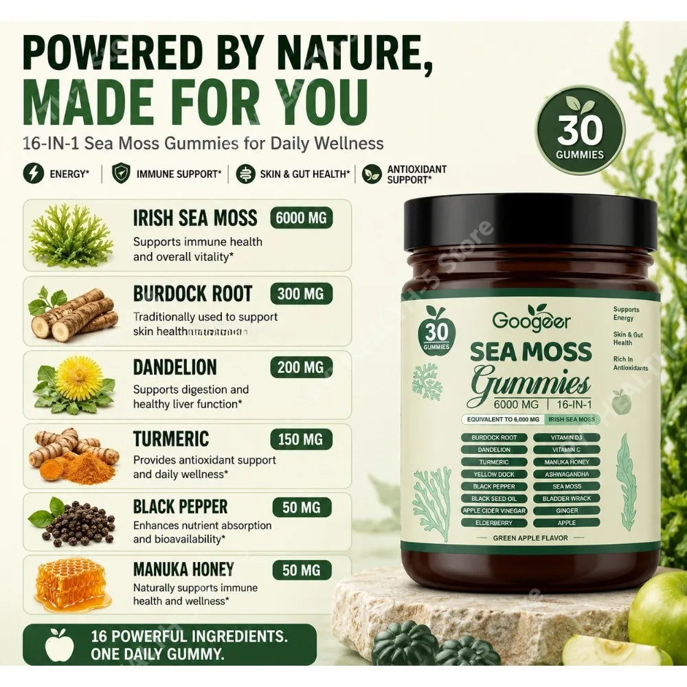 Googeer Sea Moss Gummies 16-in-1 6000mg Irish Sea Moss Vit C D3 Sea Moss Gummies Qst