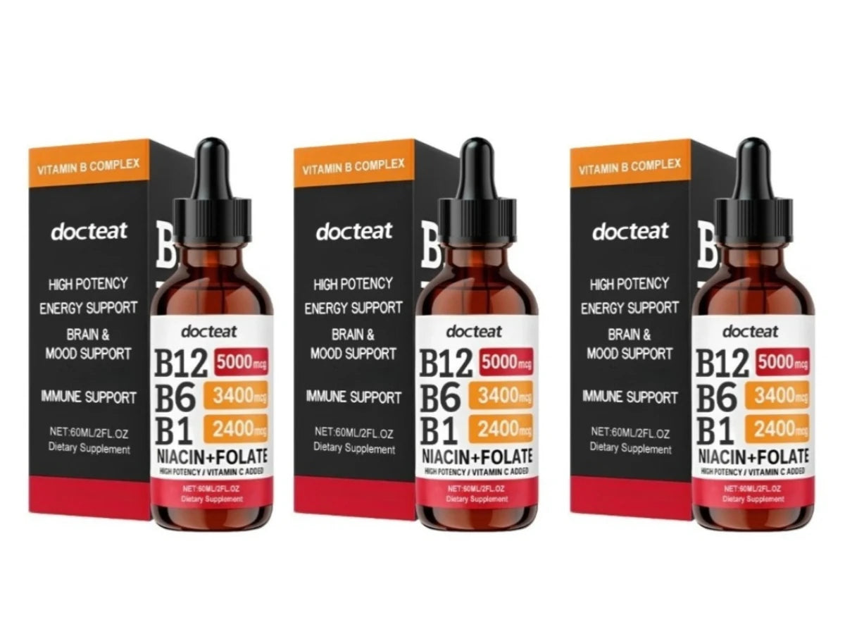Docteat Vitamin B Complex Liquid Drops B12 B6 B1 – 60ml Vitamin B Supplement Qst 180 ml(Pack of 3)