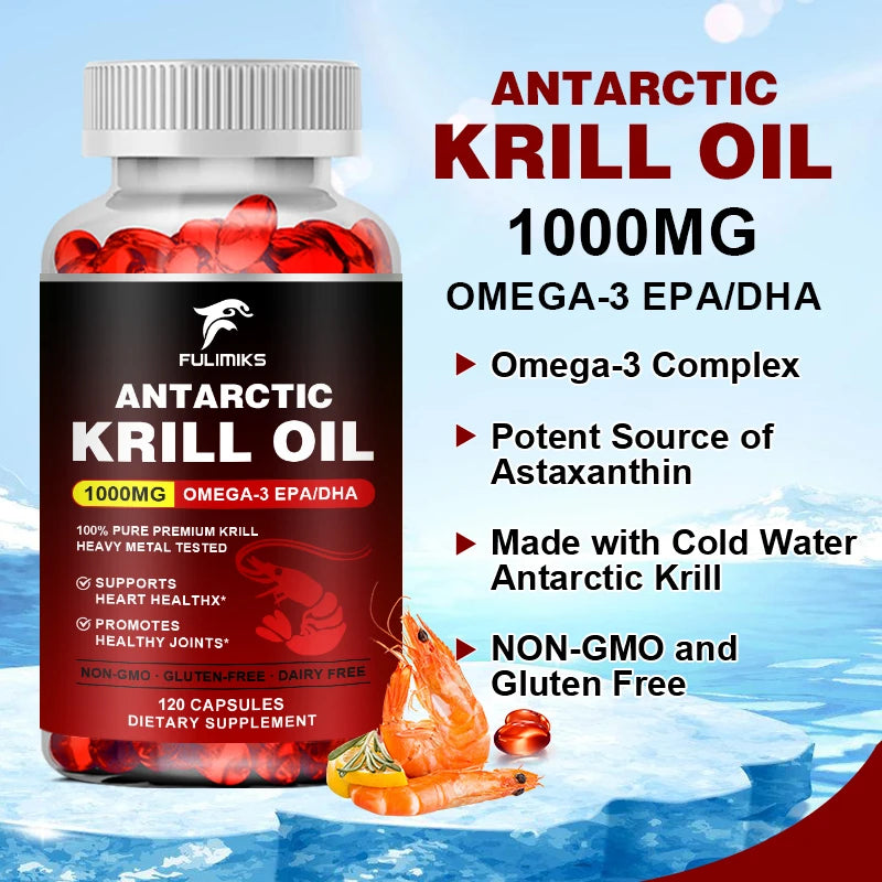 FULIMIKS Antarctic Krill Oil 1000mg Omega-3 EPA DHA Softgels Krill Oil Supplement Qst