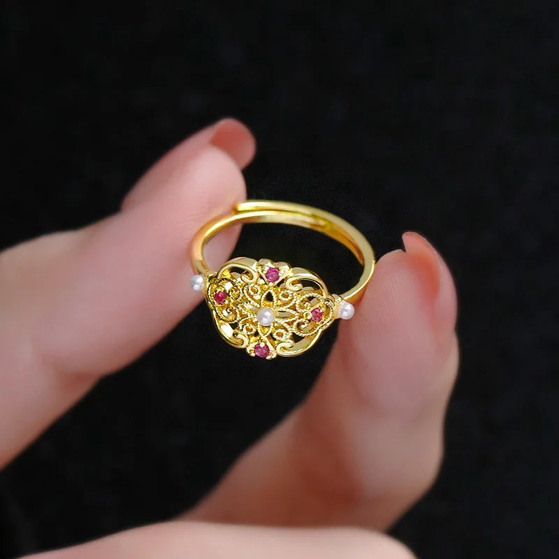 Chinese Retro Palace Adjustable Ring – Elegant Metal Jewelry Adjustable Fashion Ring Qme
