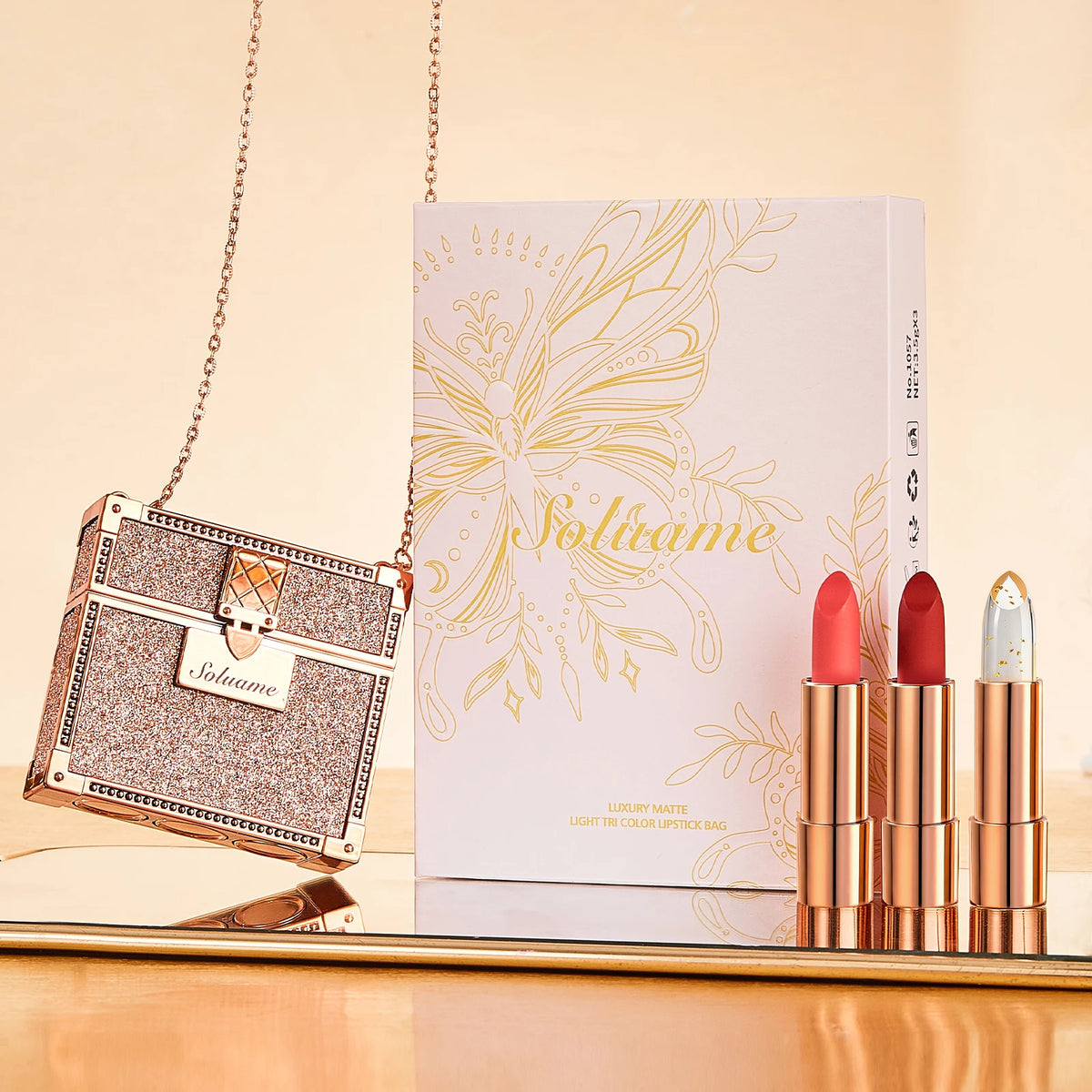 Matte Tri-Color Lipstick Set – Rose Gold Case, Chain & Mirror Lipstick Gift Set Qst