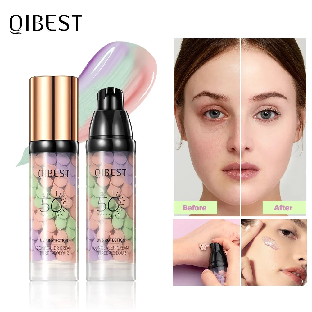 QIBEST Tri-Color Face Primer – Brighten, Contour & Correct Face Primer Cream Qme
