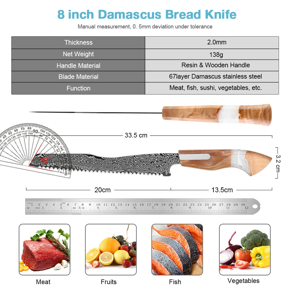 XITUO 8" Damascus Serrated Bread Knife – 67-Layer Japanese Steel Serrated Bread Knife Qst