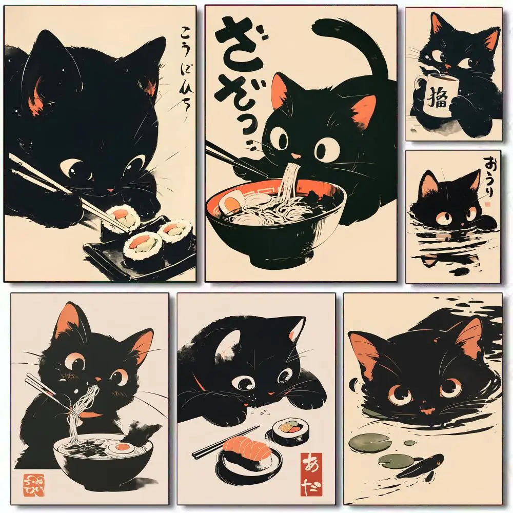 Retro Black Cat Canvas Poster – Wall Art for Home & Office Canvas Wall Art Qst