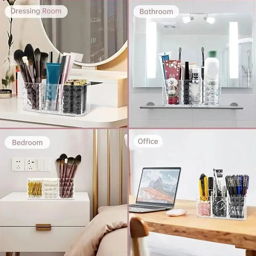 3-Slot Acrylic Makeup Brush Holder & Cosmetic Organizer Makeup Brush Organizer Qme