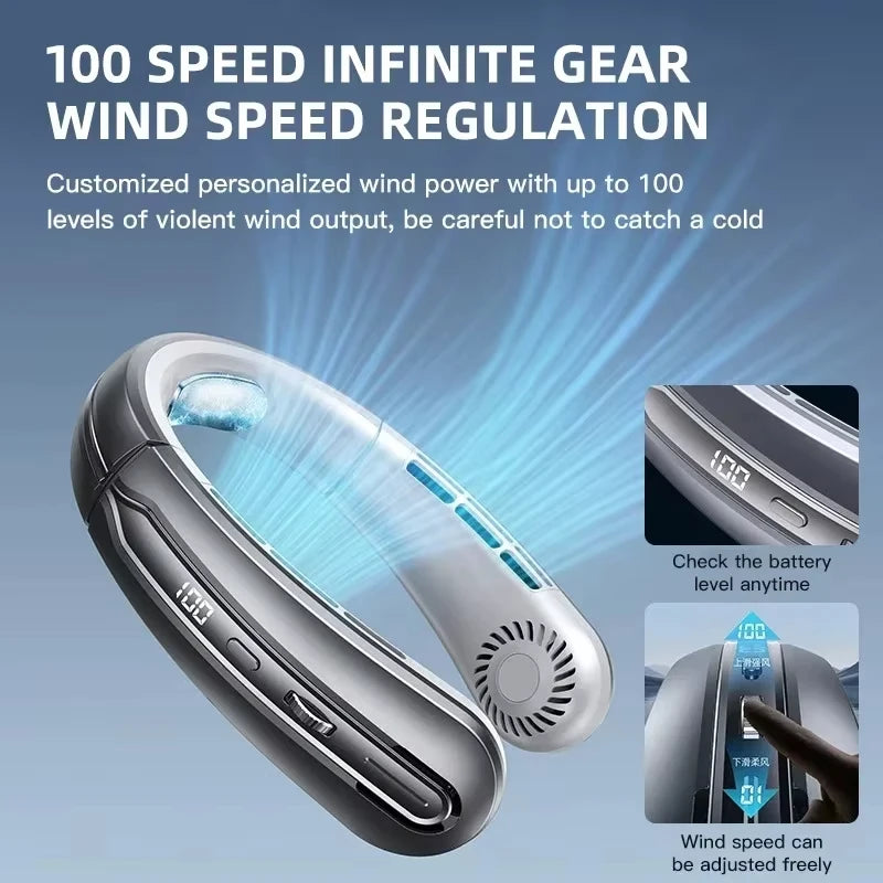 8000mAh Bladeless Neck Fan – USB Rechargeable, 100 Speeds Wearable Neck Fan Qst